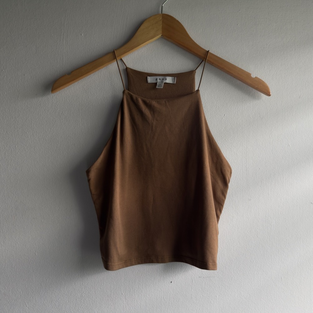 Gaze Faux Suede High Neck Cami Crop Top Women Small Brown Minimalist Boho